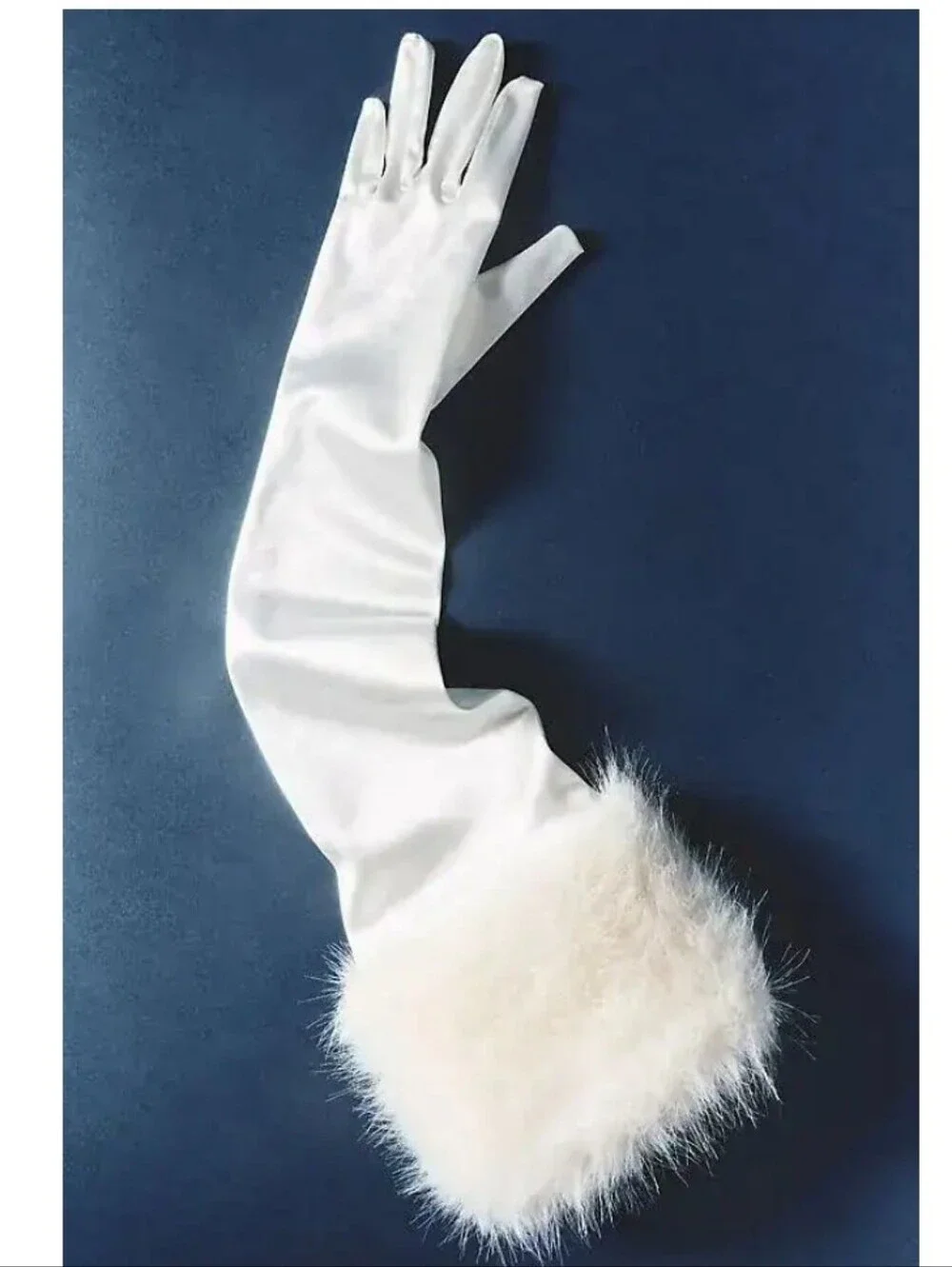Hutch White Satin Opera Gloves with Faux Fur Cuffs